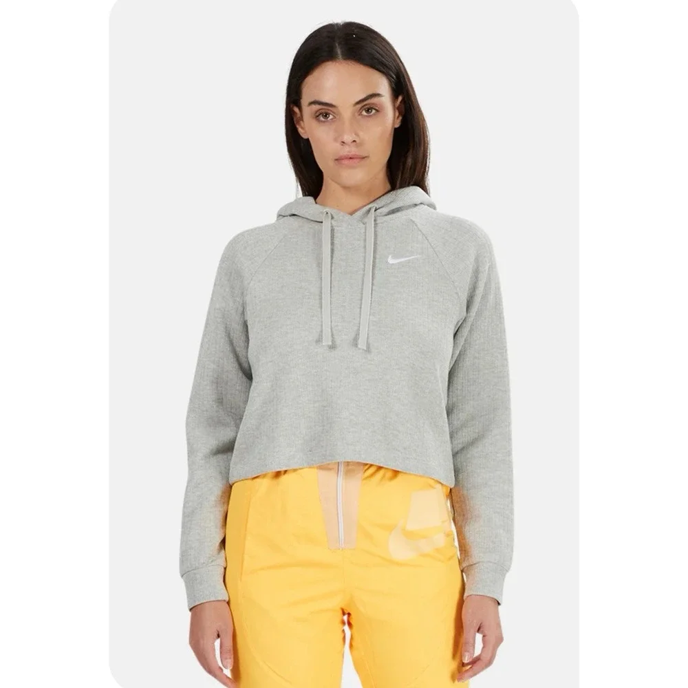 Nike Cropped‎ Ribbed Long Sleeve Pullover Hoodie Gray Knit Womens 100% Cotton  S